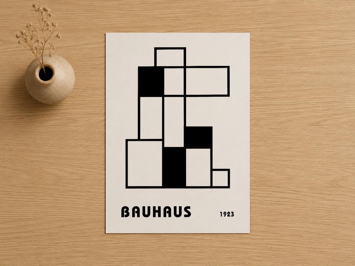 Bauhaus 1923 poster, siyah ve beyaz karelerin dinamik dizilimi, minimalist sanat eseri baskısı.