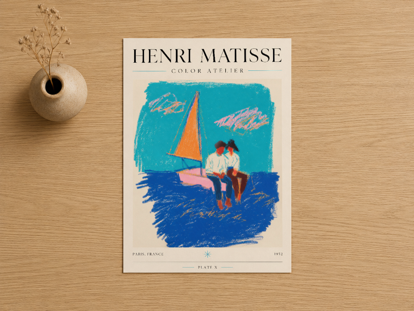 Matisse Color Atelier baskı, turkuaz ve mavi tonlarıyla yelkenli ve oturan figürleri tasvir eden sanat poster.