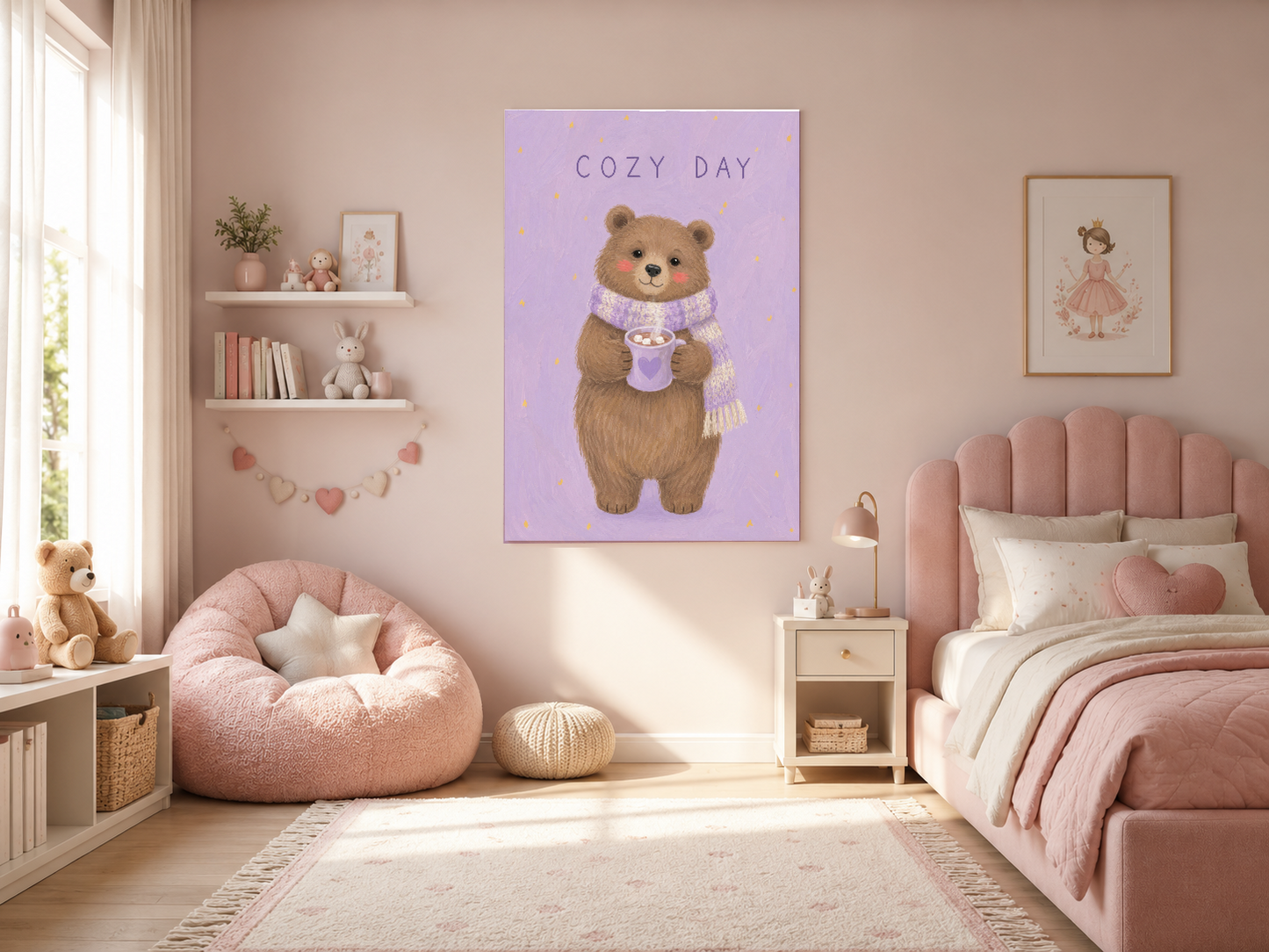 Cozy Day tablosu, pembe tonlu yatak odasında pembe yatak başlığının üstünde asılı durumda.