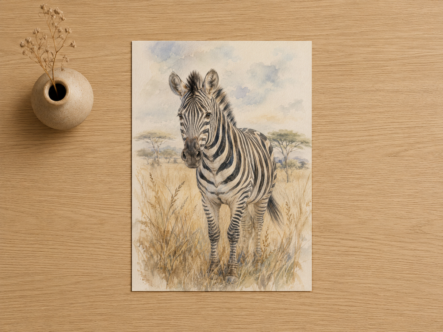 Savanah manzarasında duran genç zebraya yakın bakış açısıyla yapılmış sanat tablosu.