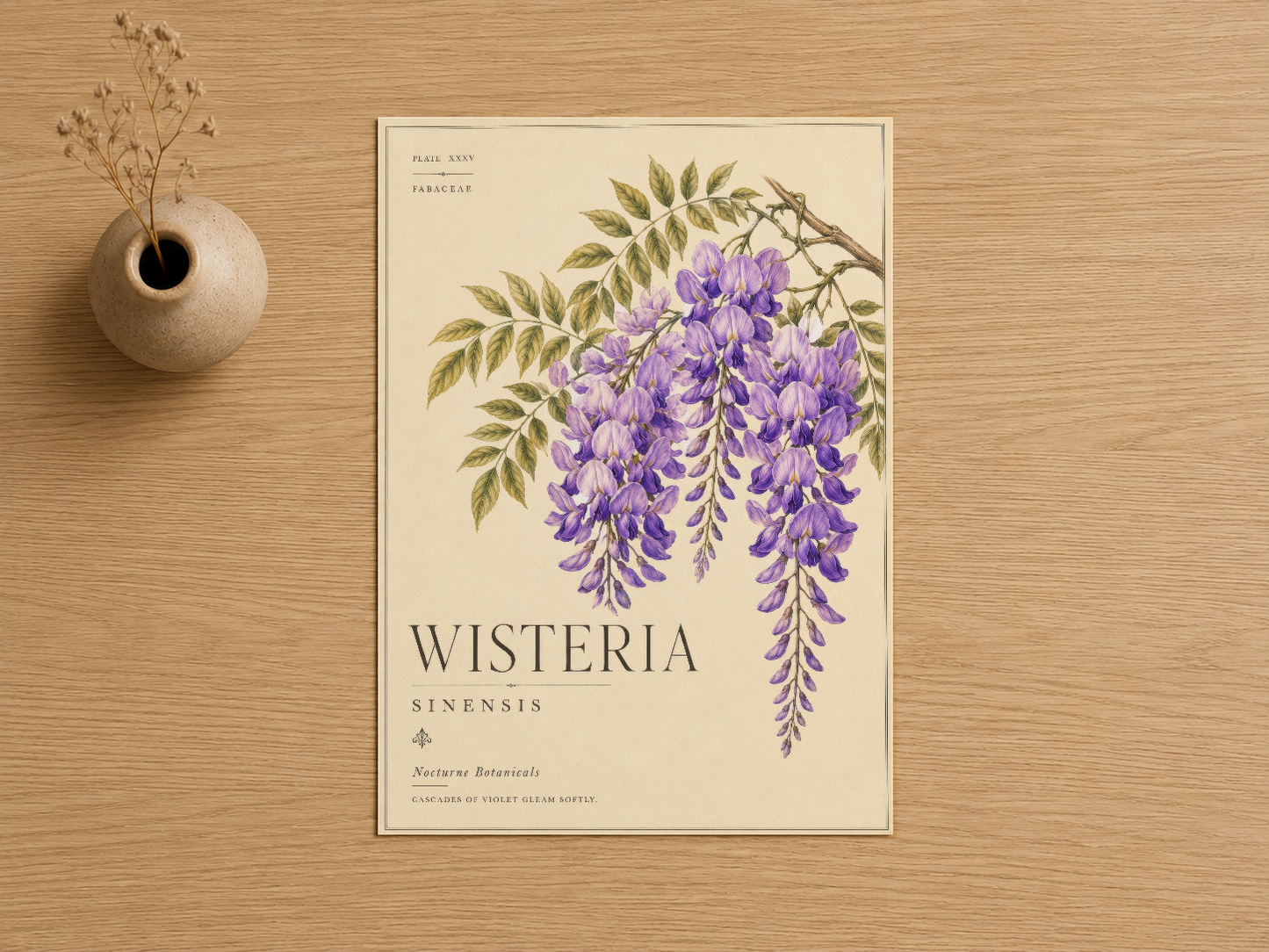 Leylak rengi wisteria motifleri ve sanat botanik yazı ile tasarlanan natürel baskılı poster.