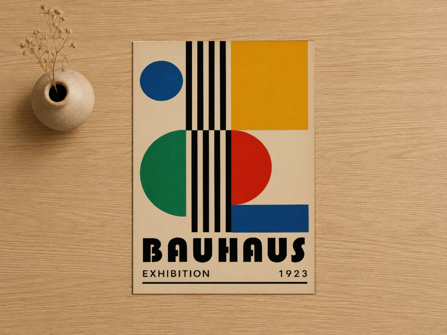 Mavi, yeşil, kırmızı ve sarı geometrik formlarla tasarlanan 1923 Bauhaus sergisi orijinal tasarım posteri.