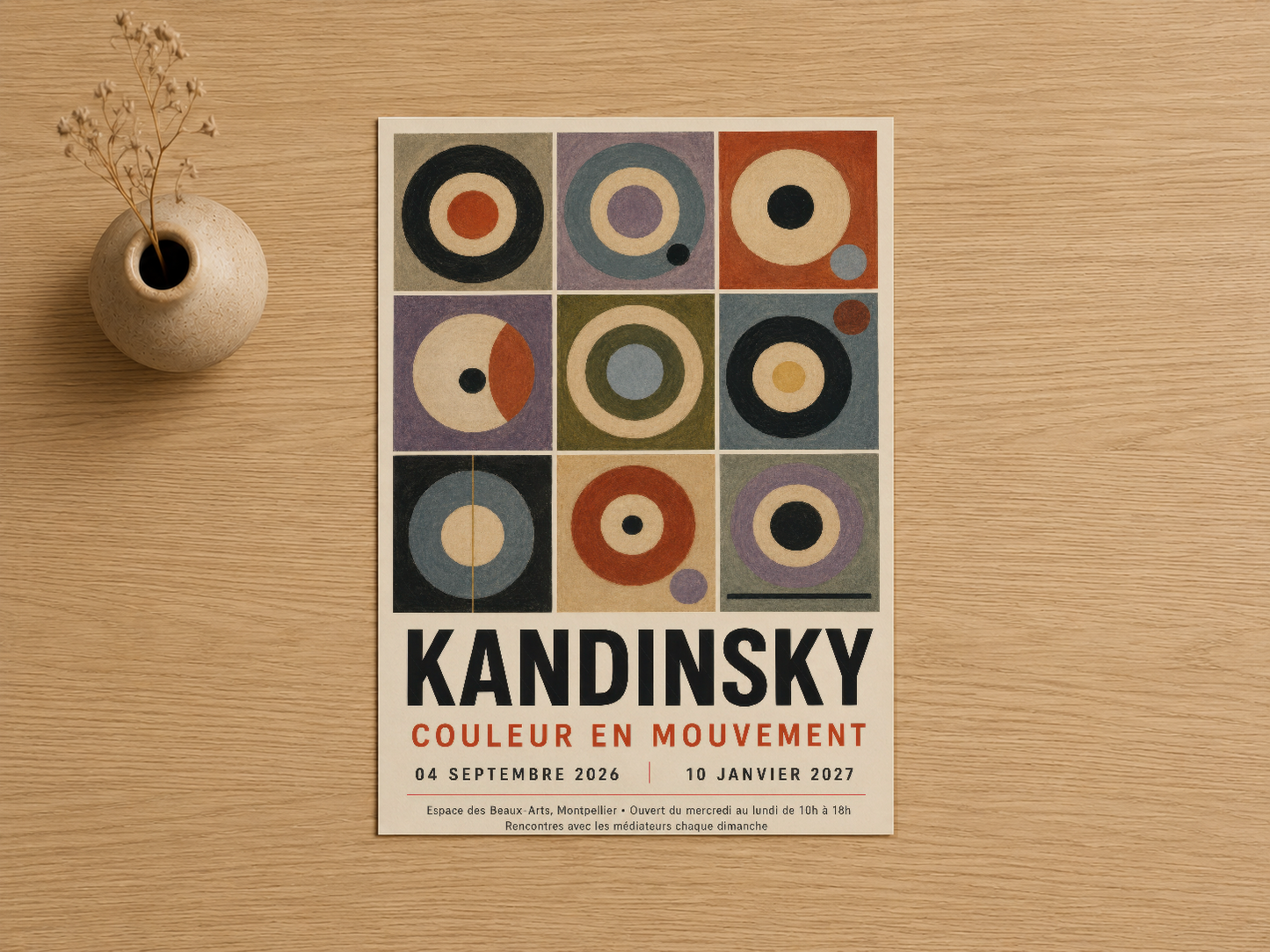 Soyut sanat stilinde dokuz kare panelden oluşan, pastel tonlarında daire desenleri içeren dekoratif poster.
