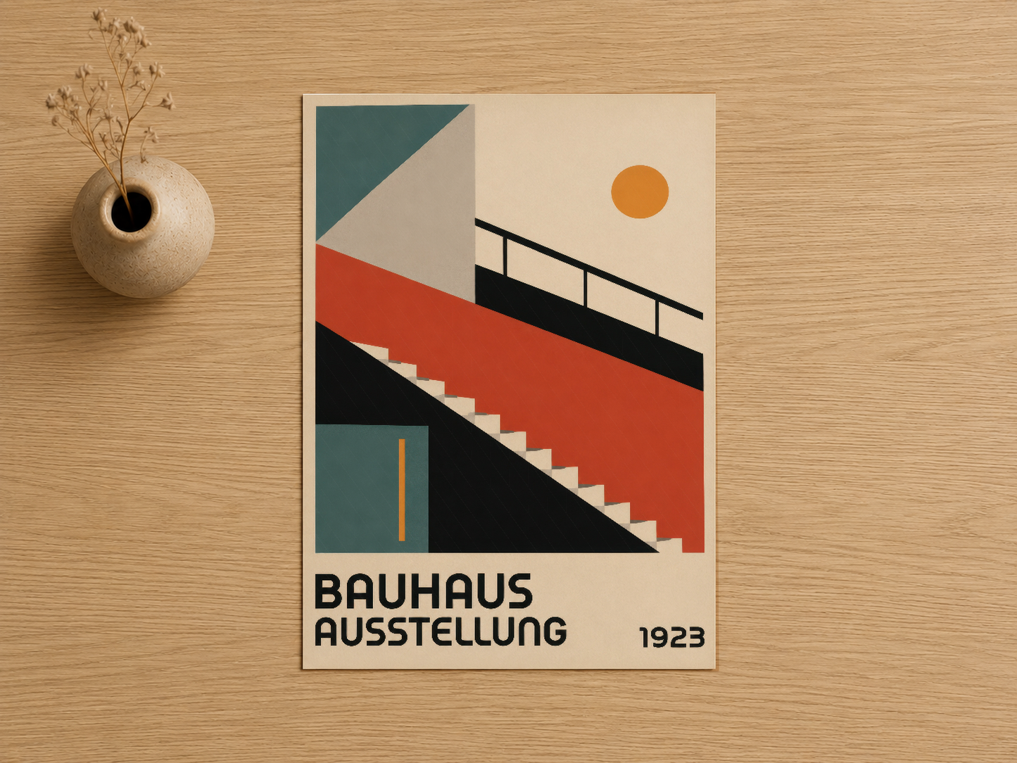 Bauhaus Ausstellung 1923 baskısı, soyut geometri ve vintage sanat tadı taşıyan tasarım.
