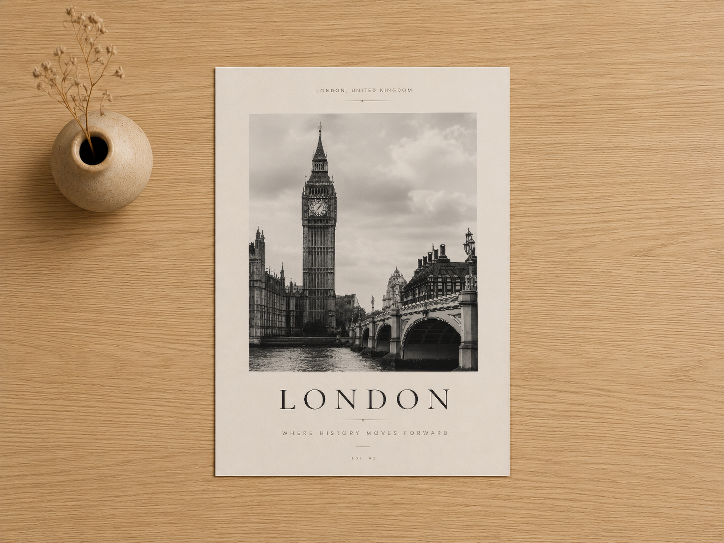 Siyah beyaz London posteri, Big Ben ve Westminster Köprüsü motifleriyle zarif minimalist estetik.