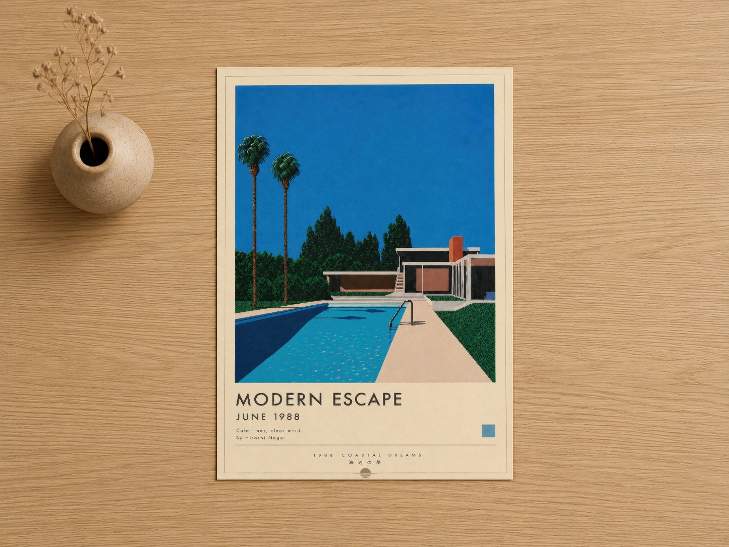 Canlı mavi gökyüzü ve turkuaz havuzlu modern escape posteri, beyaz çerçeve içinde ahşap zemine yerleştirilmiş.