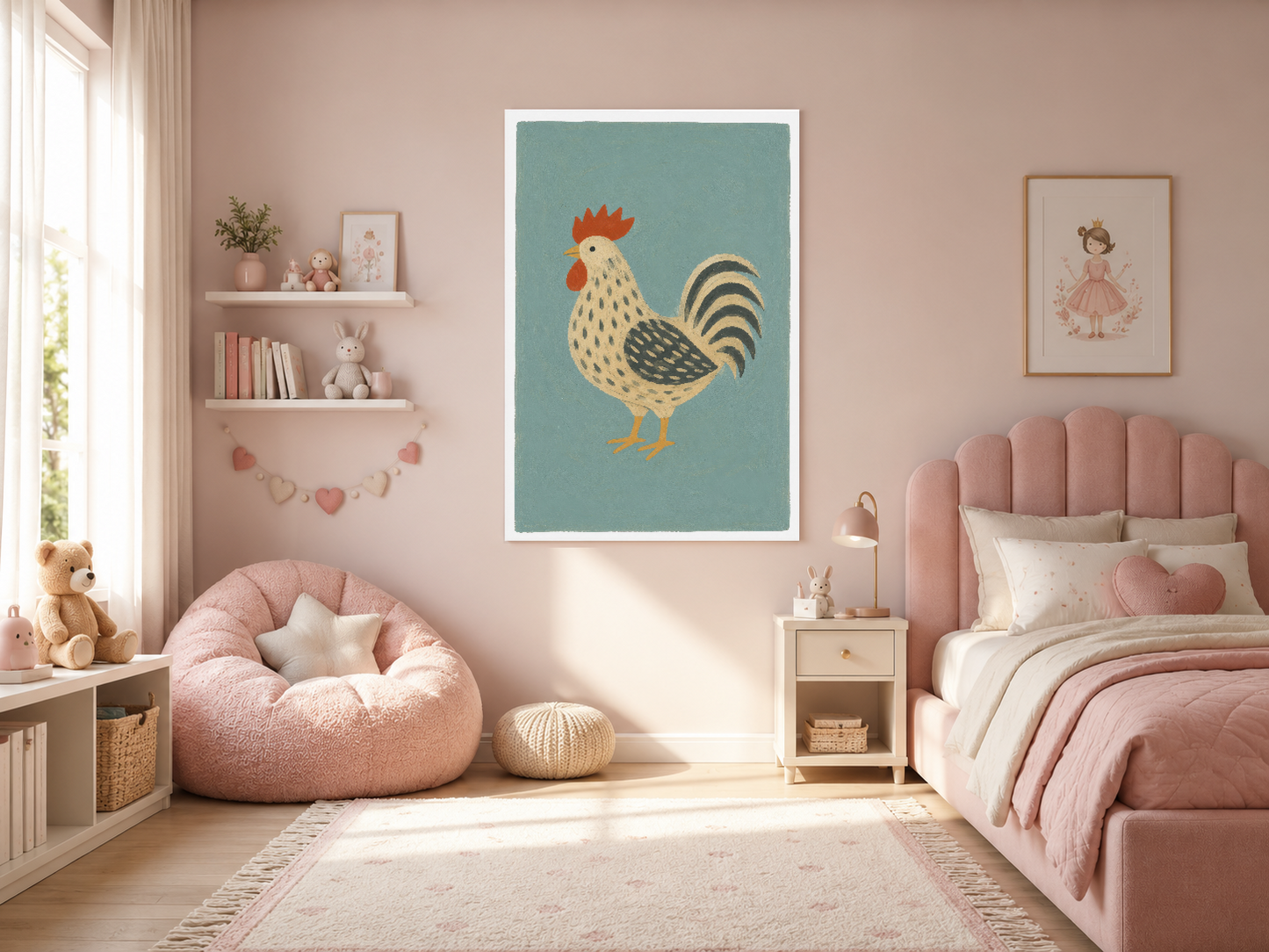 Zarif horoz tasarımı, pastel turkuaz zeminde, pembe kız odasının duvarını güzelleştiren dekoratif tablo.