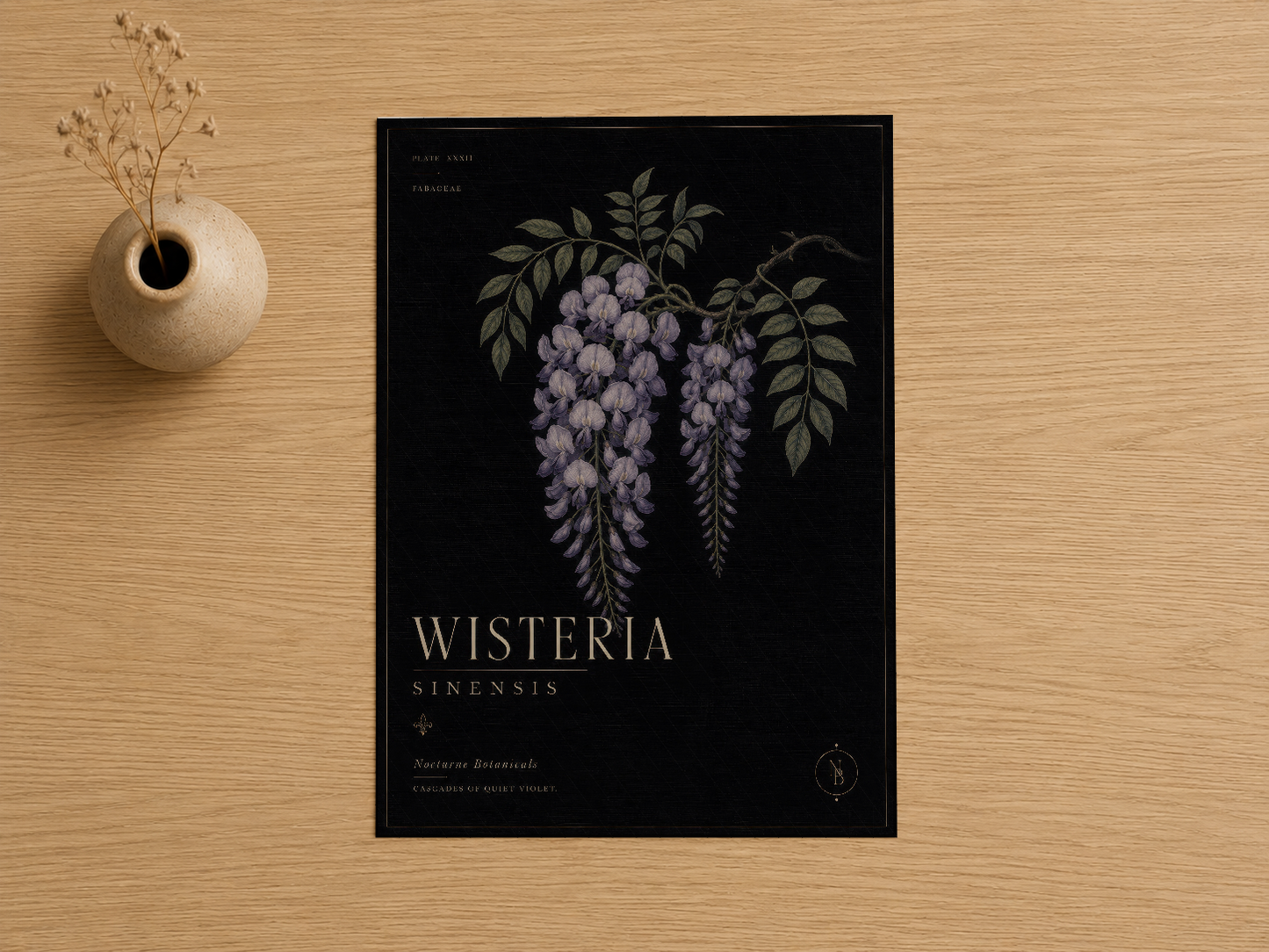 Siyah arka funda detaylı wisteria çiçek illüstrasyonlu botanik tablo, klasik tasarım.
