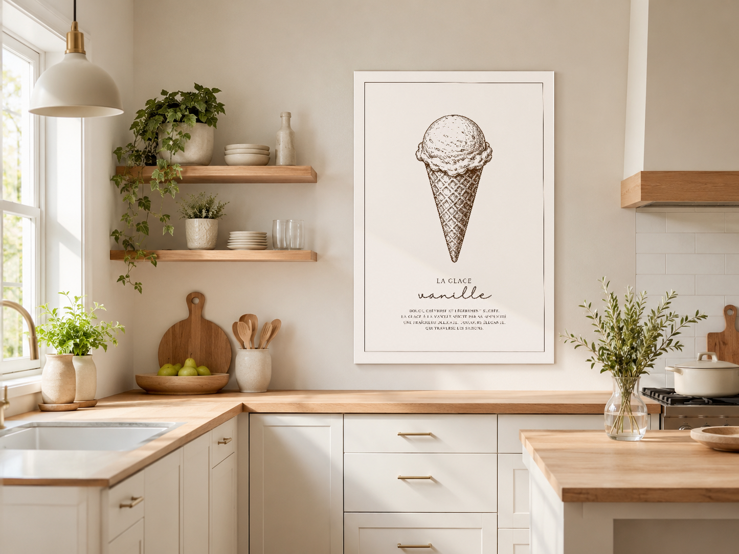 Dondurma konulu minimalist poster, modern mutfak dekorasyonunda duvar sanatı olarak asılı.