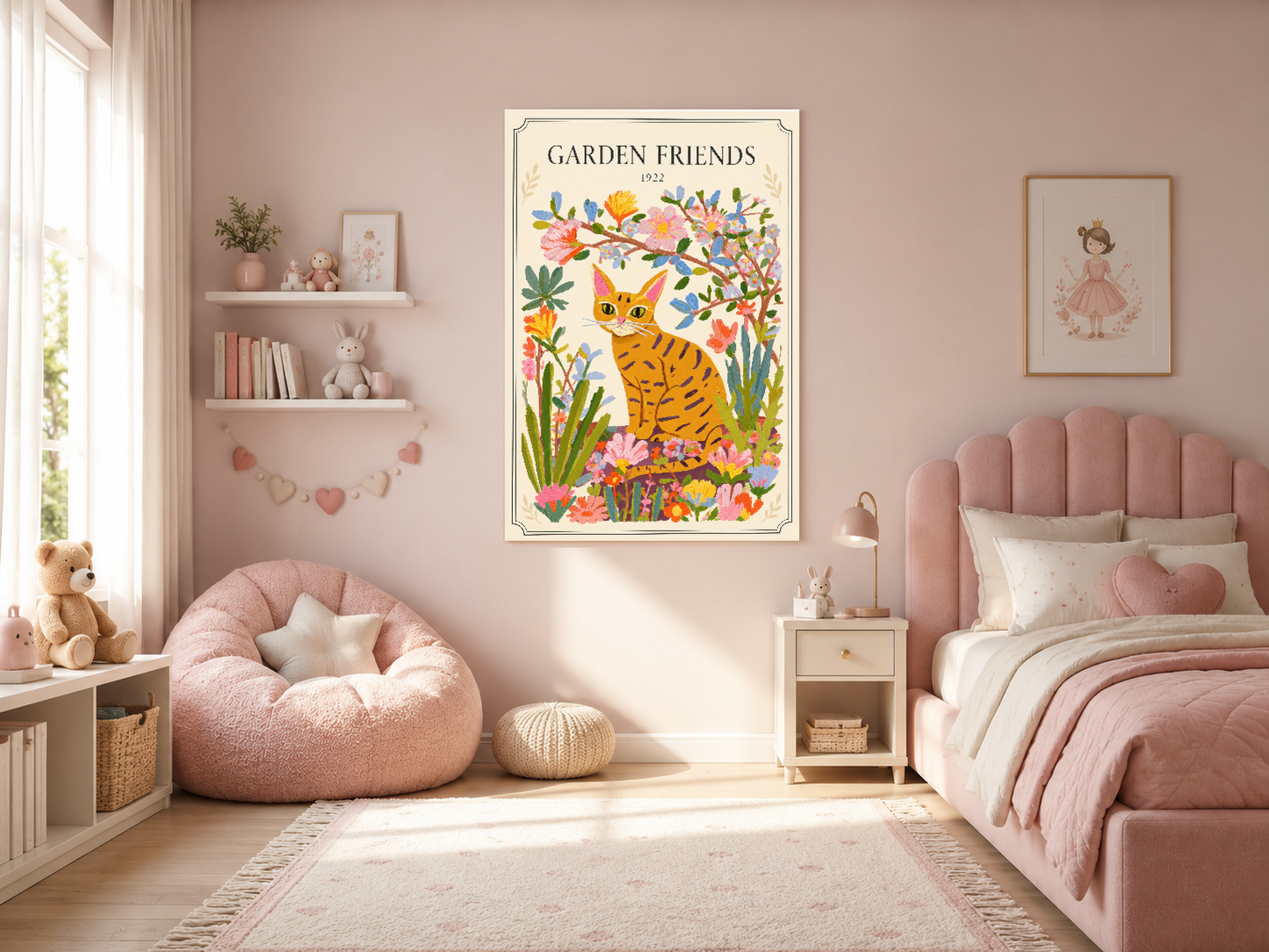 Kuş ve çiçeklerle çevrili sarı kedinin tasvir edildiği 'Garden Friends' klasik duvar tablosu, pembe odanın merkez noktası.