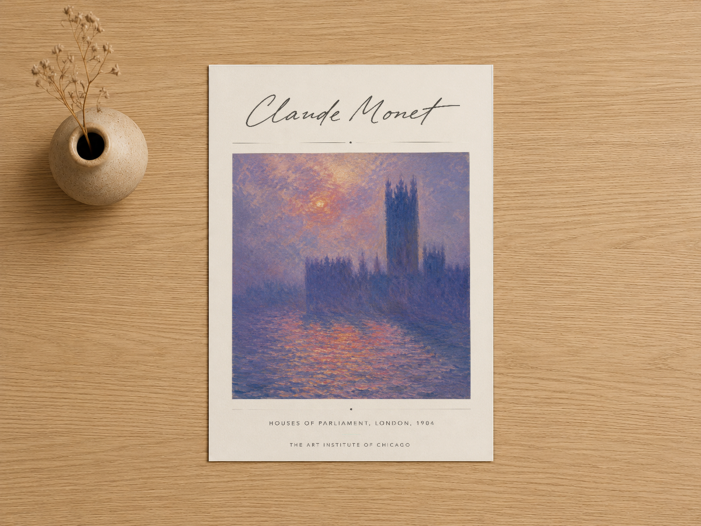 Claude Monet'in 1904 tarihli Houses of Parliament, London yapıtı, sanatsal baskı olarak masaüstü gösterimi.