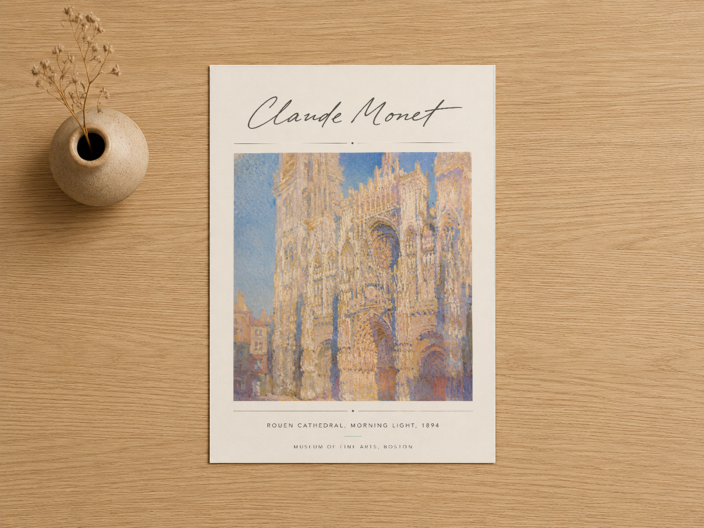 Claude Monet imzalı, Rouen Katedrali sabah ışığını gösteren 1894 tarihli museum kalitesi sanat baskısı.