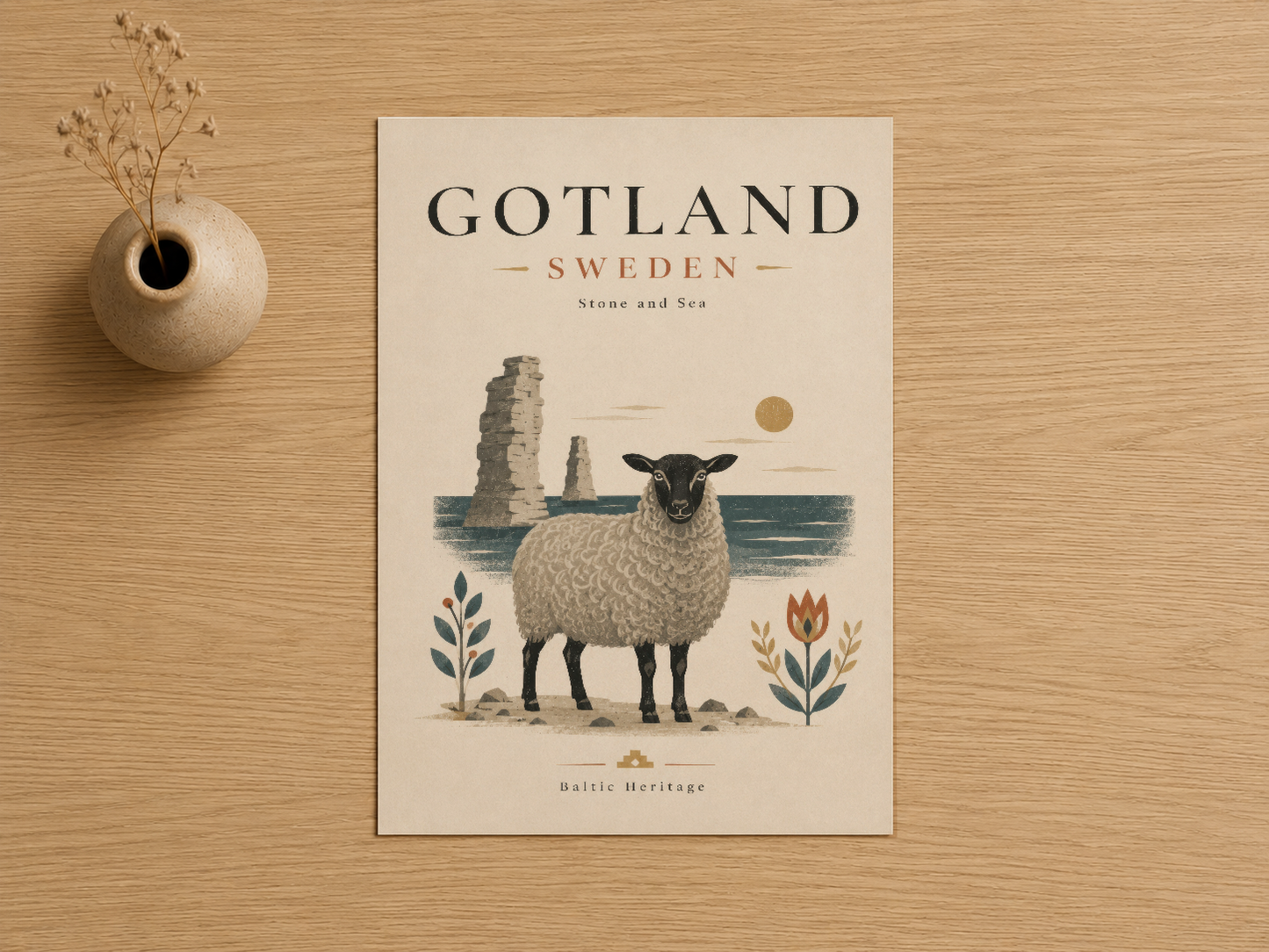 Gotland İsveç temalı poster, deniz manzarası ve koyun motifli tasarım, doğal ahşap masa üzerinde.
