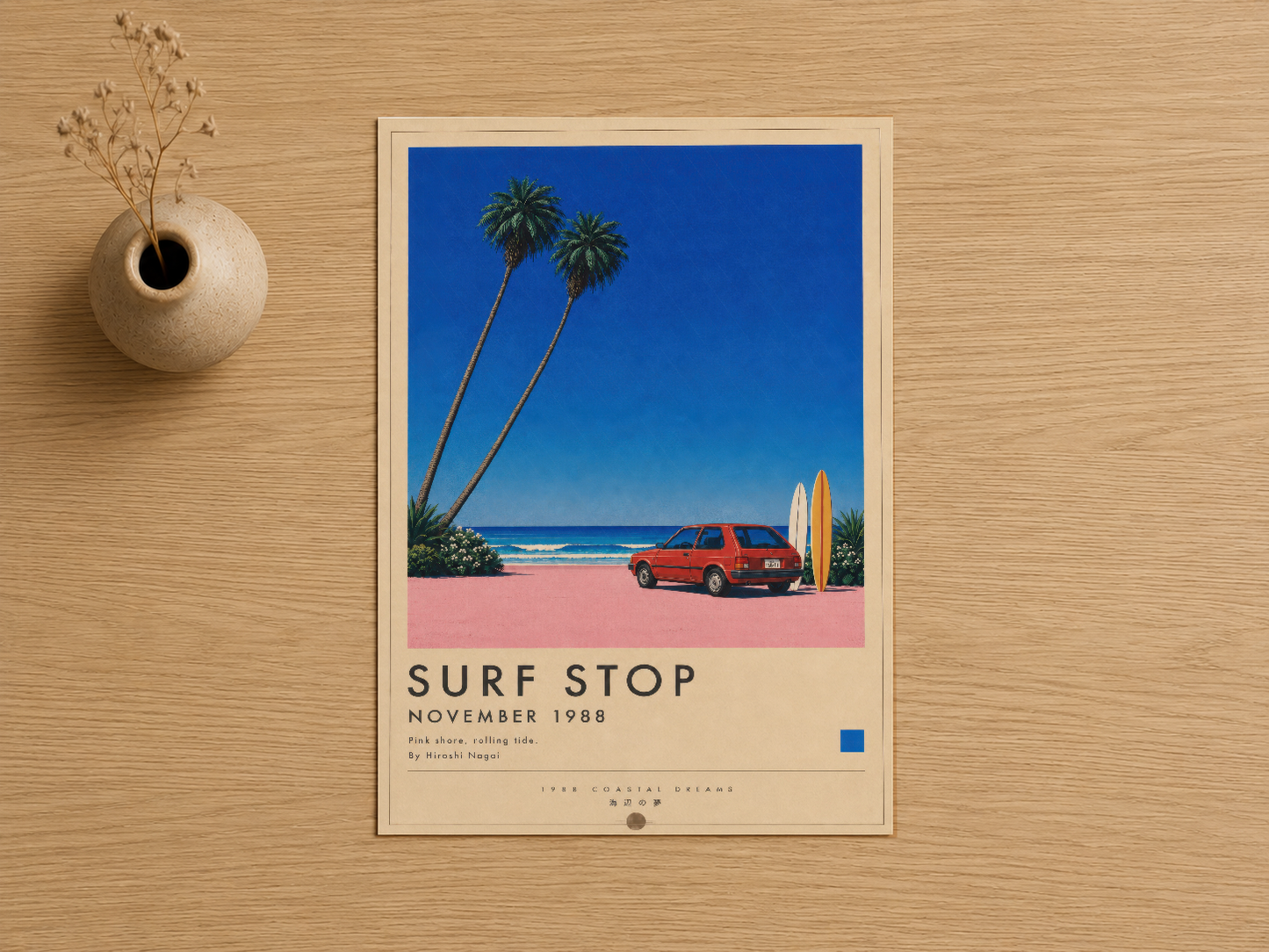 Açık renk çerçevesi ile Surf Stop posterinin yakından görünümü, başlık ve ayrıntılar net şekilde.
