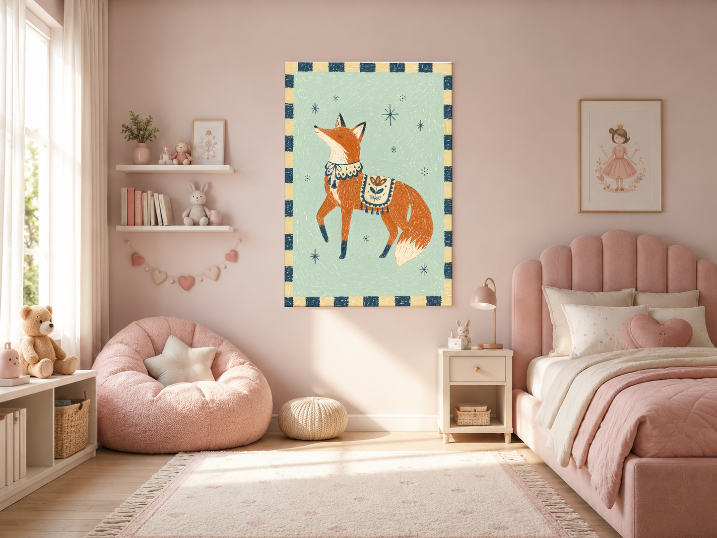 Pembe tonlarındaki modern çocuk yatak odasında, dekoratif lama tablosunun üzerinde asılı hali.
