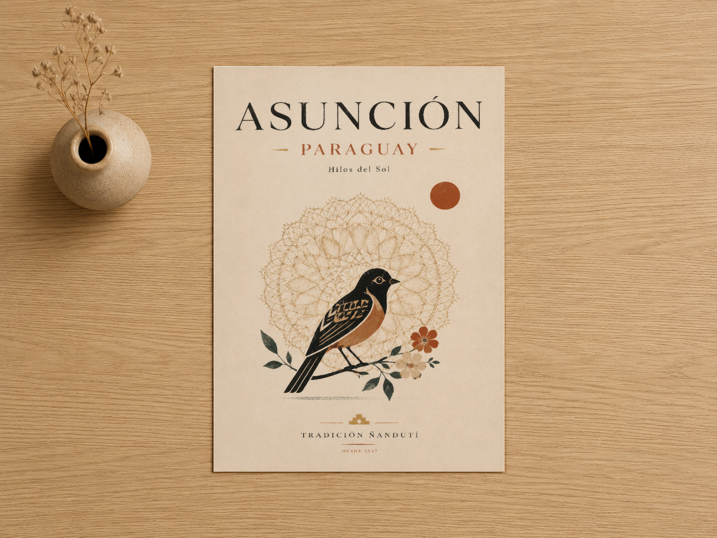 Asunción Paraguay başlıklı poster, geometrik kuş ve çiçek tasarımı ile sanat tablosu.