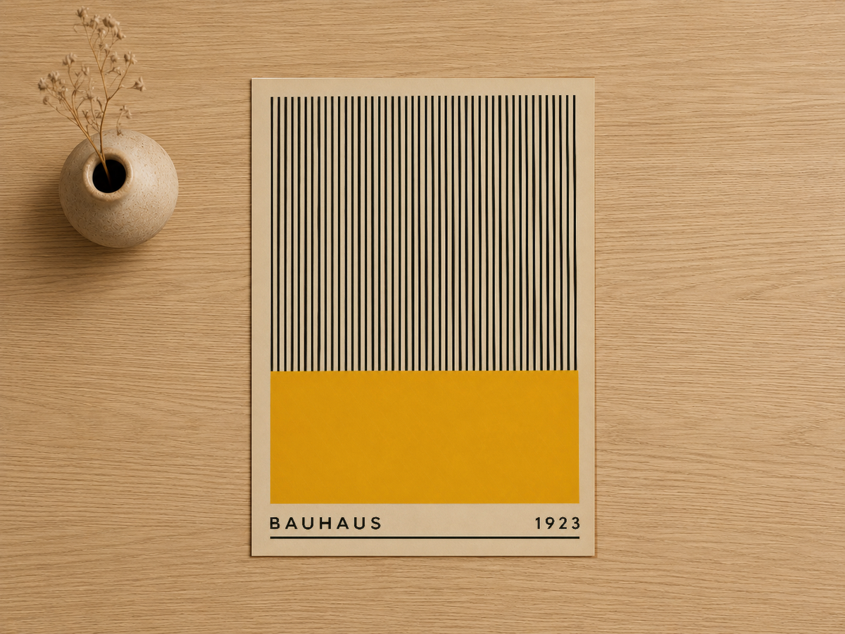 Bauhaus 1923 klasik tasarımı, sarı renk bloğu ve çizgili desen içeren modern sanat baskısı.