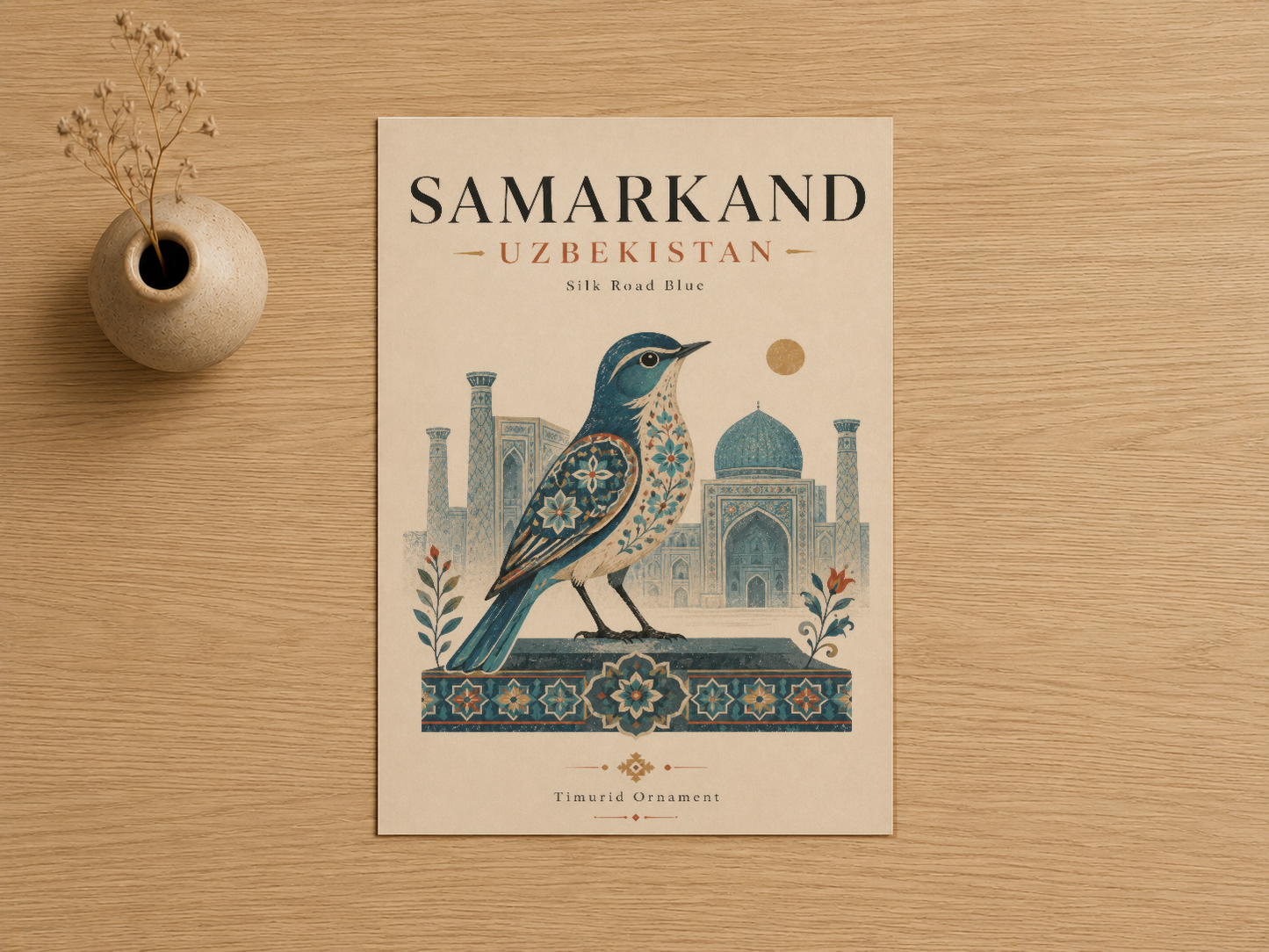 Samarkand Özbekistan tablosu, mavisi kuş motifi ve İslami mimari sanat tasarımı.