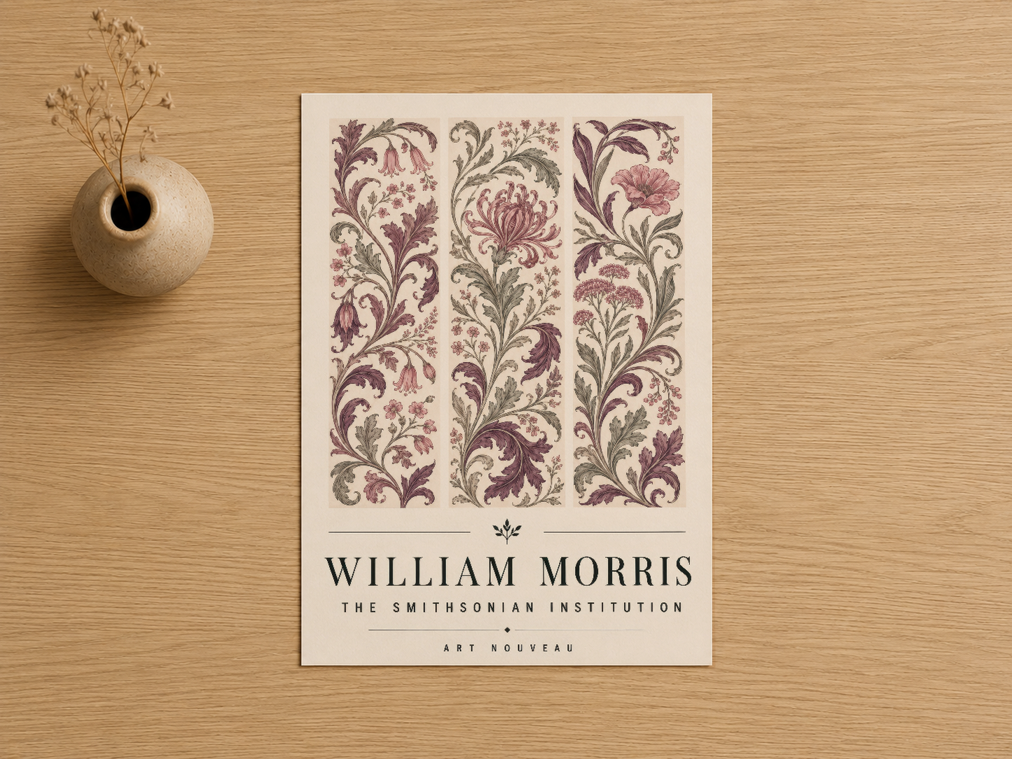 William Morris Art Nouveau tasarımı, seramik vazolar arasında sergilenen renkli çiçek motifleri posteri.