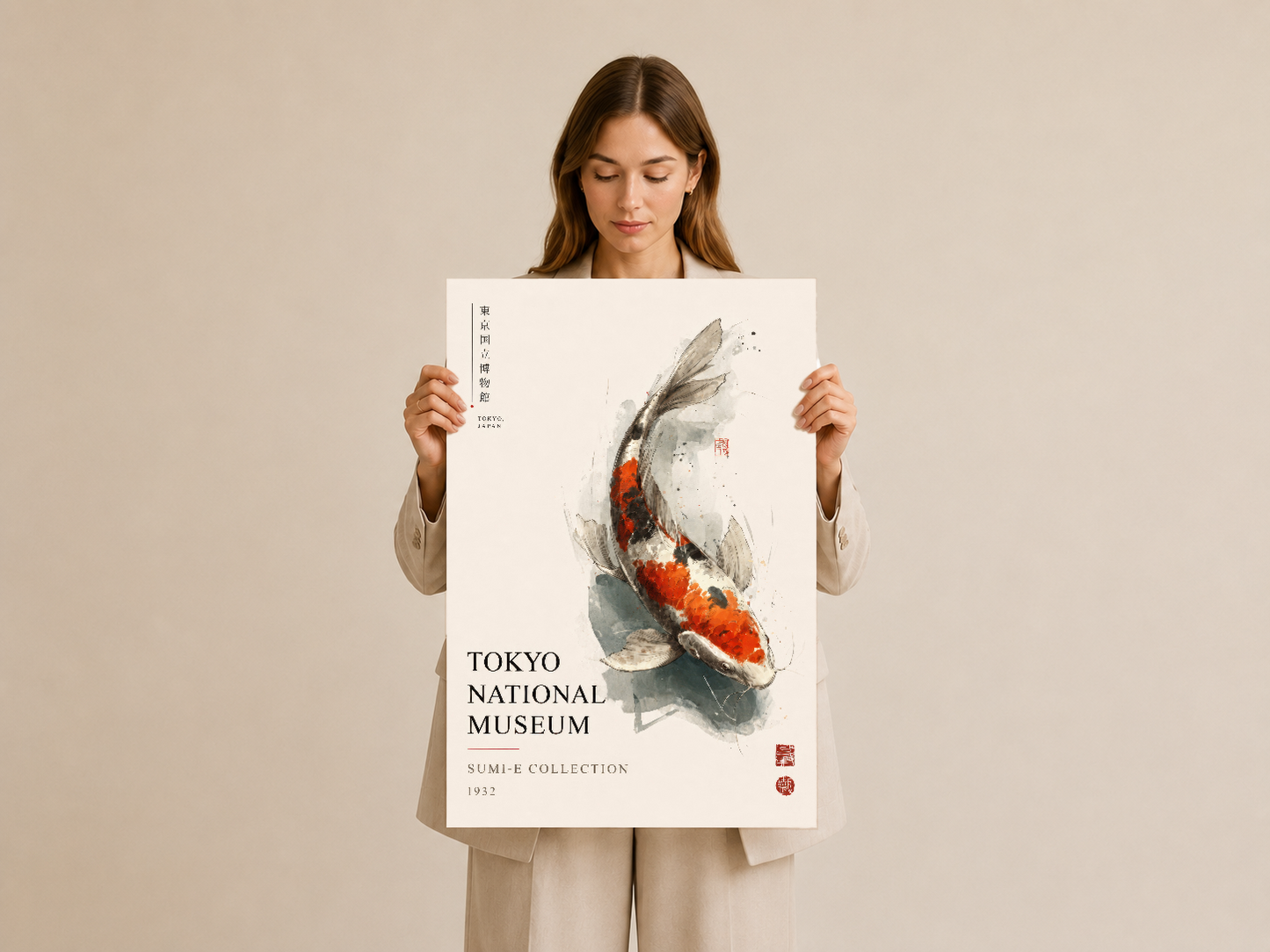 Koi balığı temalı geleneksel Japon sanat baskısı, Tokyo National Museum koleksiyonundan Sumi-e tarzında hazırlanmış