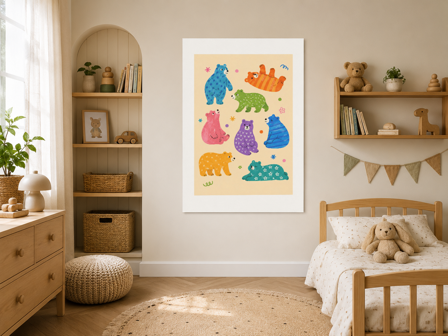 Doğal ahşap mobilyalı çocuk odasında, tatlı hayvan desenli rengarenk poster duvar sanat dekorasyonu.