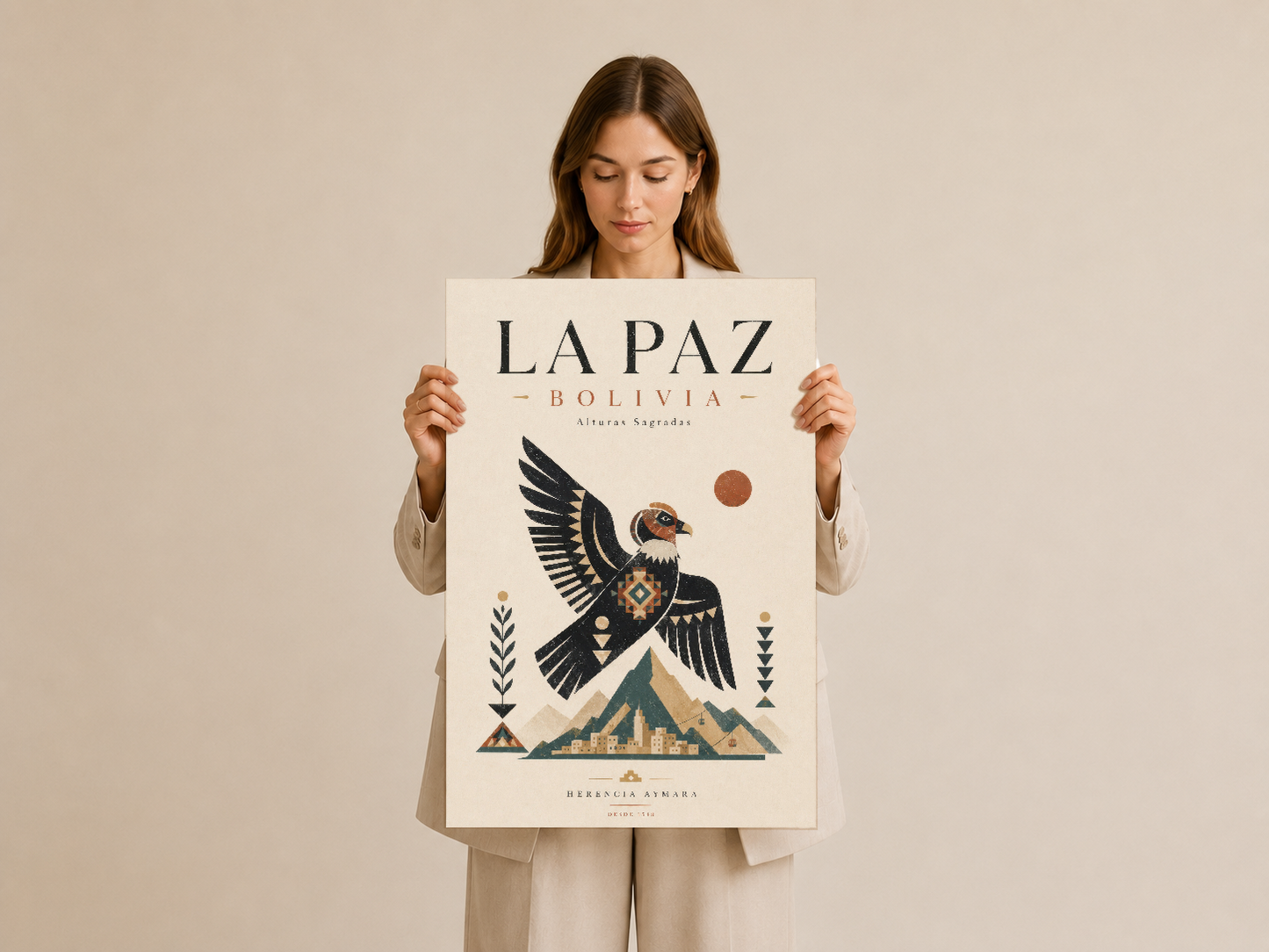 La Paz Bolivia tablosu, siyah kanatlar ve geometrik desen detaylarıyla dikkat çeken dizayn sunuyor.