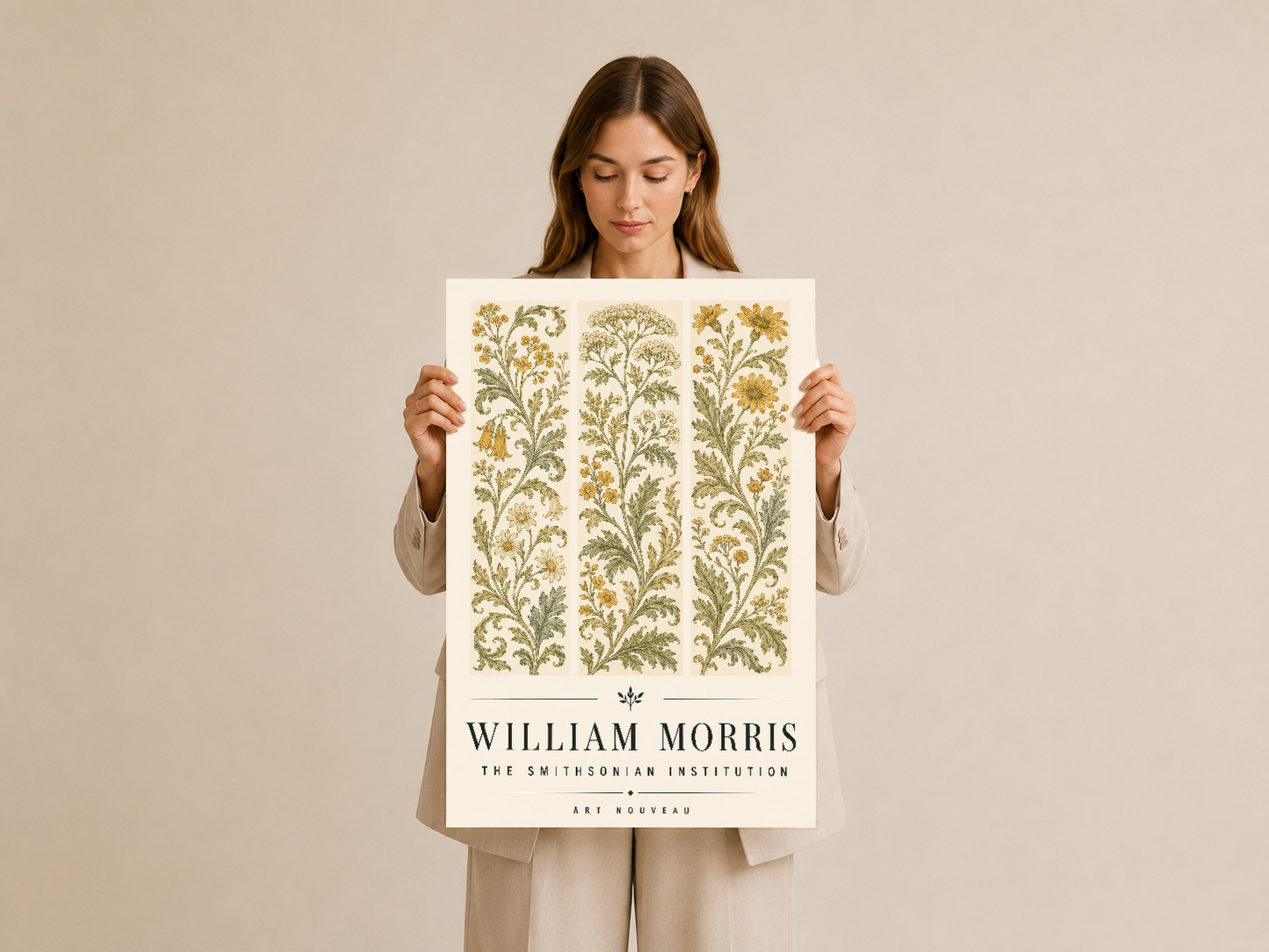 William Morris koleksiyonu duvar sanatı, sahibi tarafından gösterilen vintage flora baskısı.