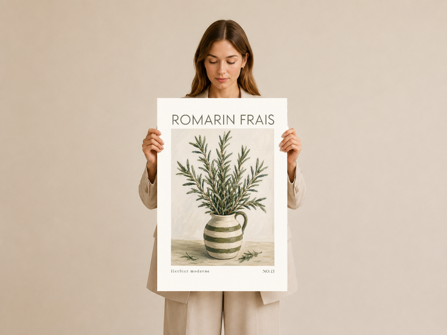 Romarin Frais baskısı, elde tutulan vintage tarzda botanik sanat tablosu.
