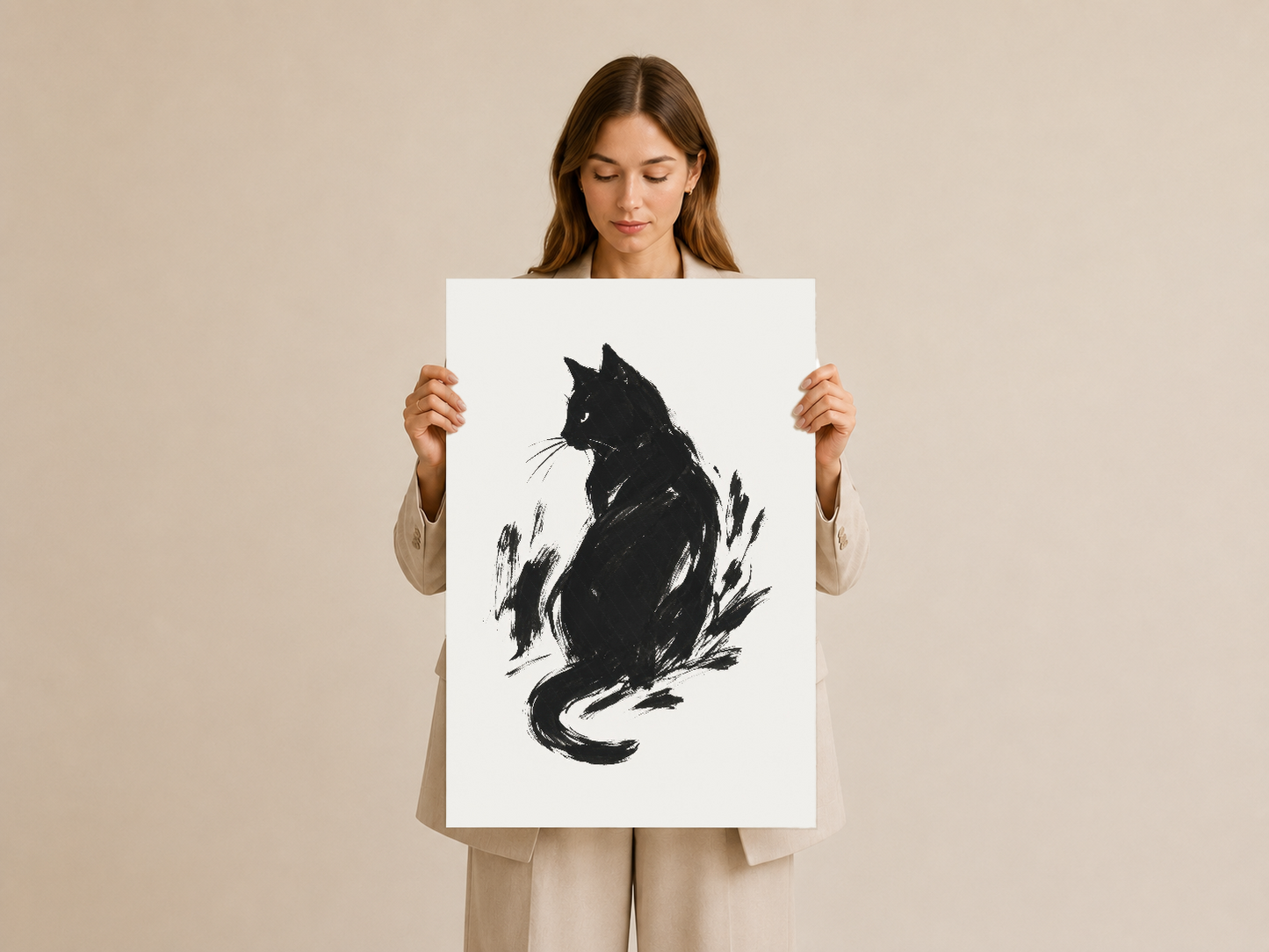 Ekspresyonist tarzda kedi tasarımı, çerçevesiz sanat tablosu elde tutulmuş haliyle.