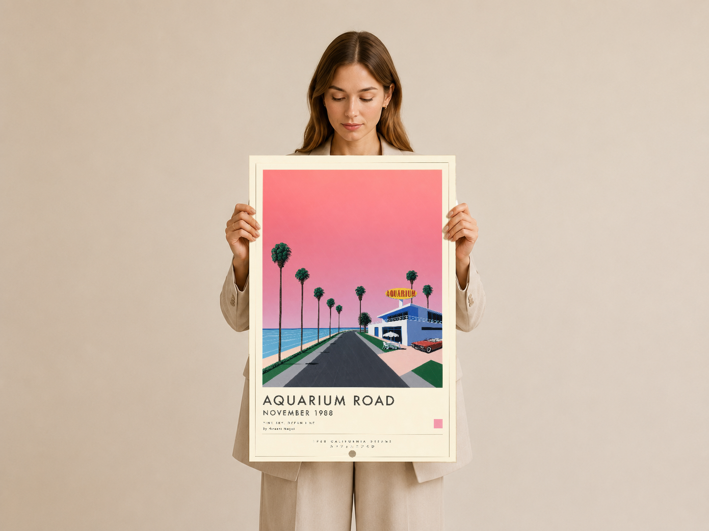 Aquarium Road sanat tablosu, palmiye ağaçlı sahil yolu manzarası, renkli sahnesi ile dekoratif poster.