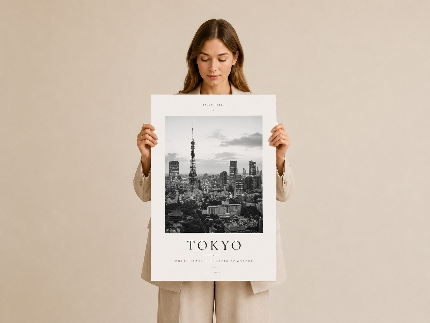 Tokyo kent manzarası tablosu, elinde tutan kadın tarafından sunulan sanat eseri görseli.