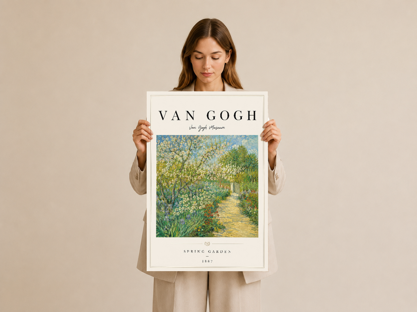 Van Gogh İlkbahar Bahçesi duvar tablosu, çiçek açan ağaçlar ve yeşil yolun sanat tarihine ait eseri.