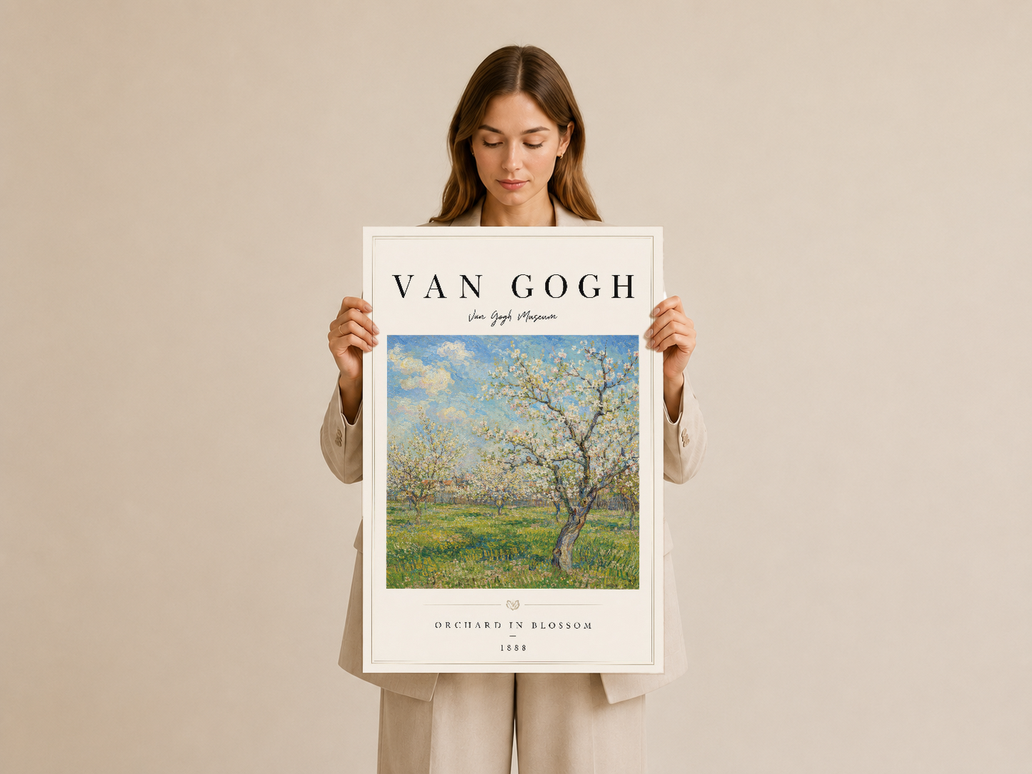 Beyaz çerçeveli Van Gogh posterinin, çiçekli bahçe manzarasını gösteren orijinal baskısı kadar etkileyici sunumu.