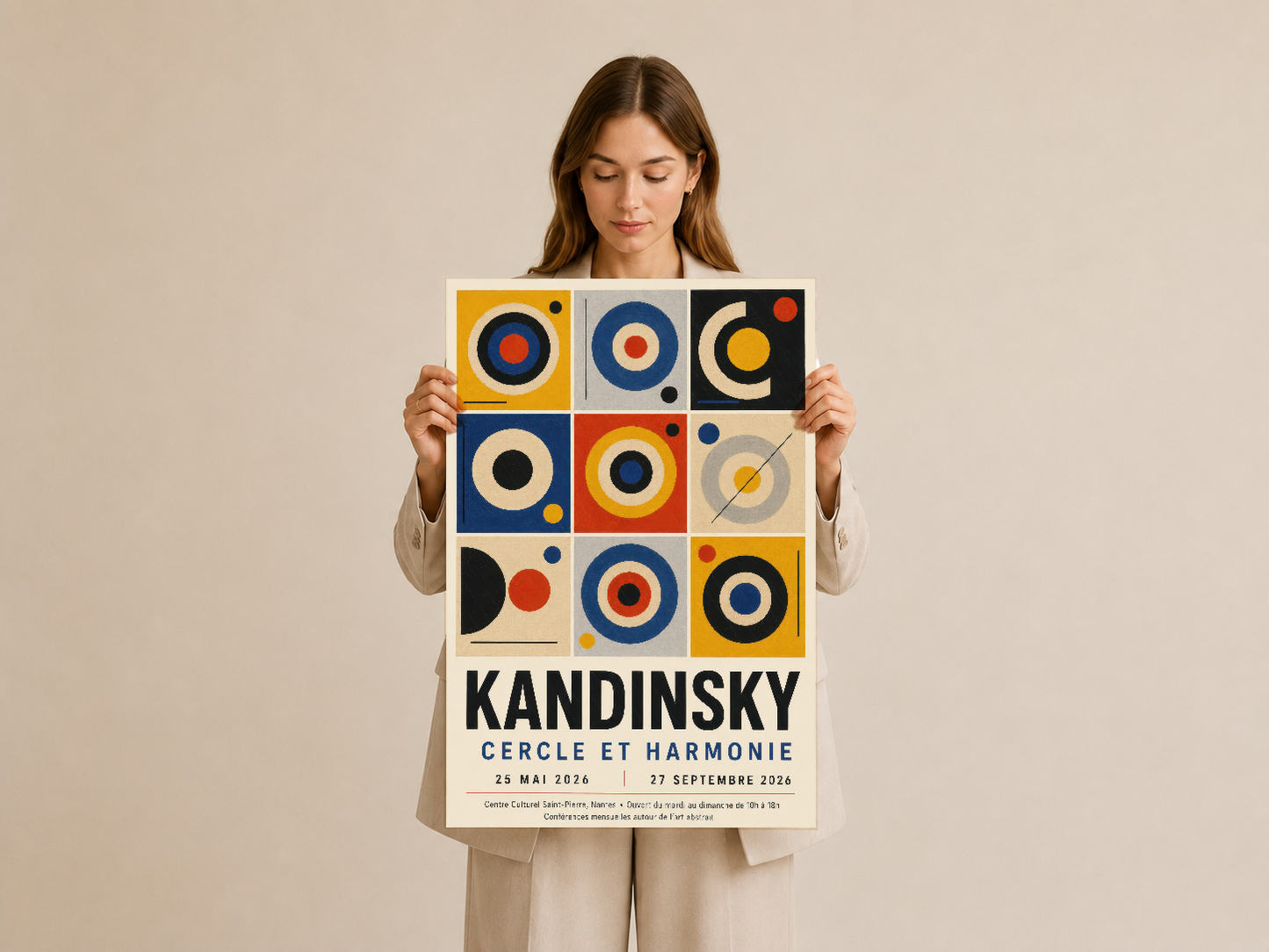 Kandinsky Çemberler ve Uyum posteri, canlı mavi, sarı, kırmızı daireler ve soyut desenleriyle.