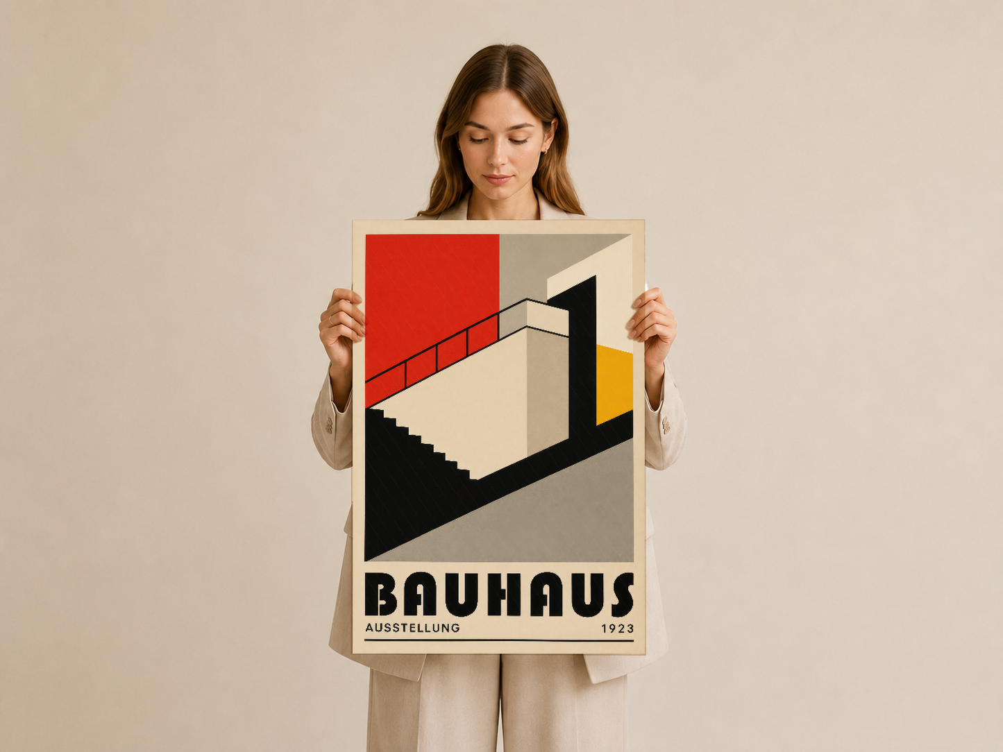 Elde tutulan Bauhaus affiche, tasarım tarihinin en tanınan sanat eserlerinden olan özgün baskı poster.