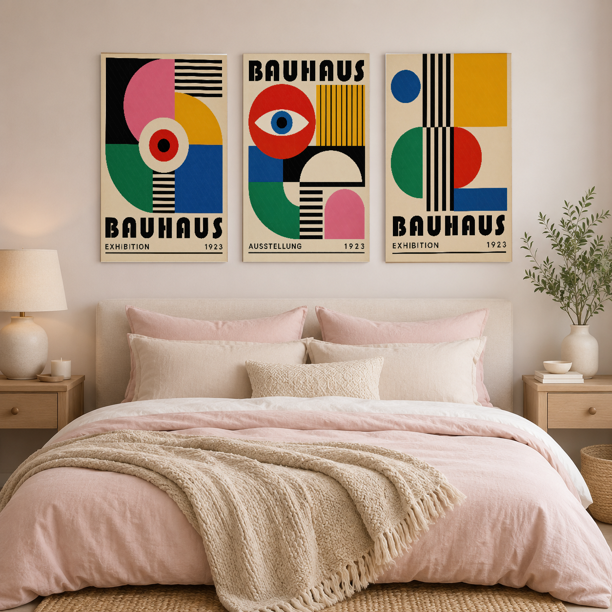 Minimalist yatak odası, Bauhaus üç parçalı tablo seti ile sakin ve sofistike atmosfer.