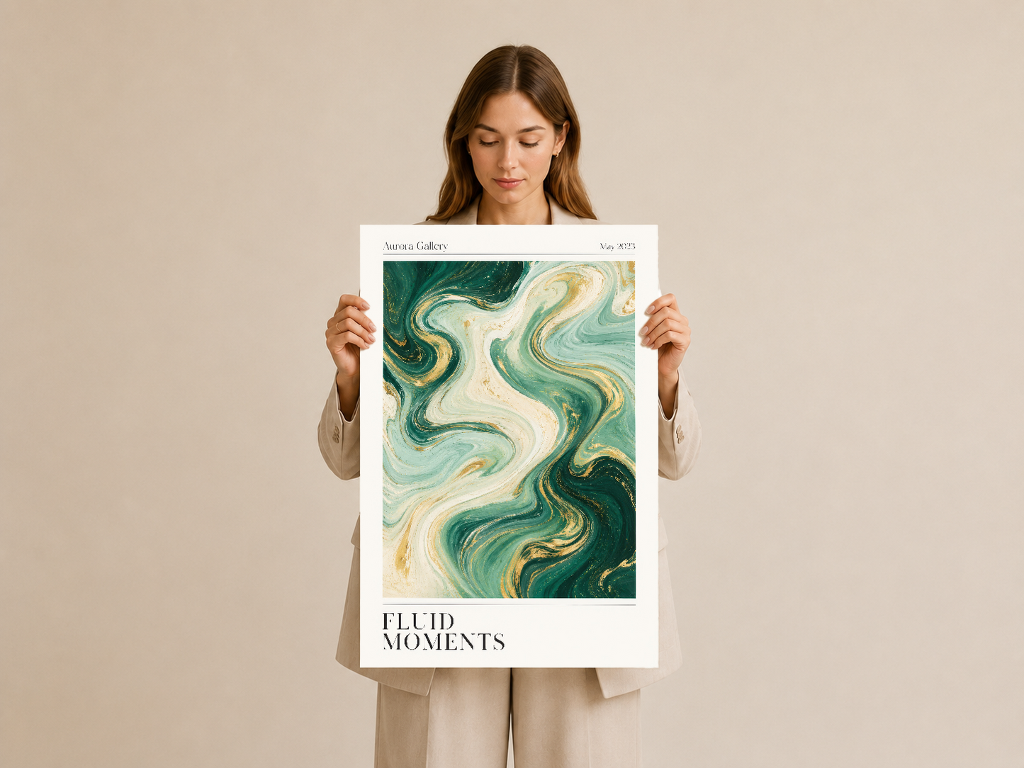 Akışkan yeşil dalgaları gösteren modern sanat posterini tutmuş kadın portresi.