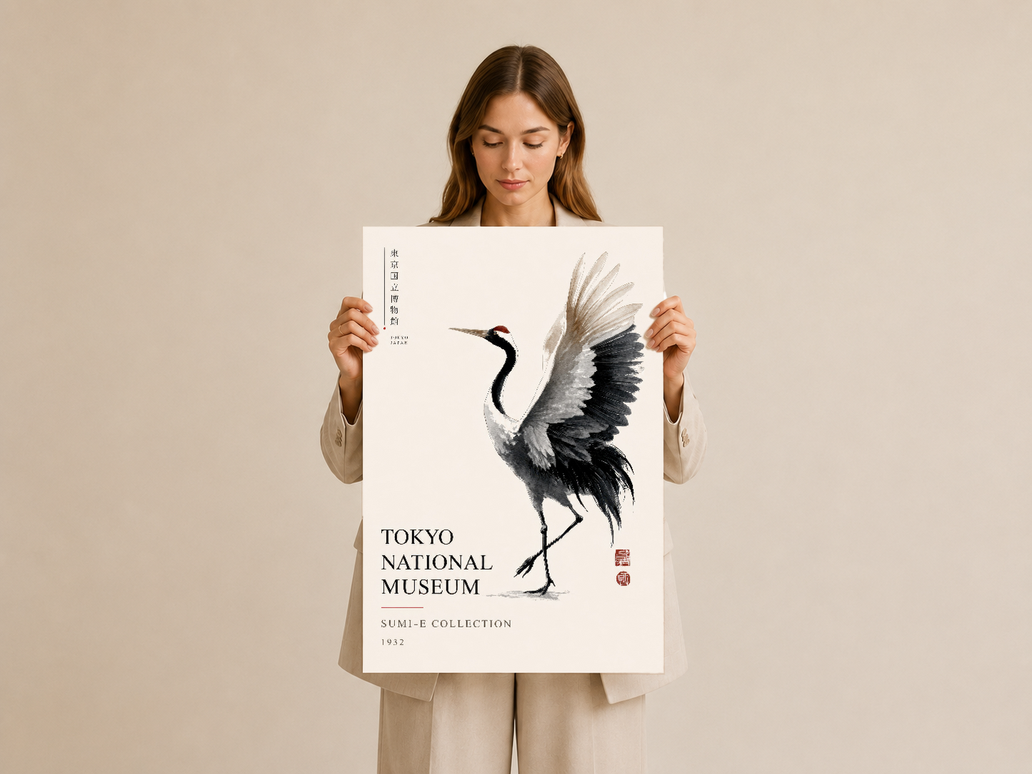 Turna figürü içeren Tokyo National Museum sanat tablosunun yakın çekimi, geniş formatlı posterinin detaylı görünümü.