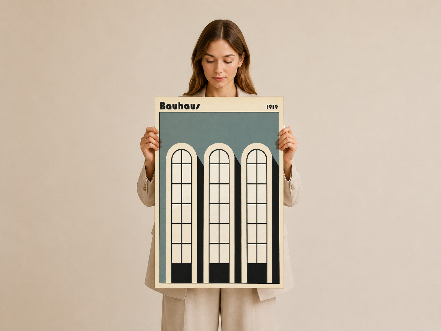 Bauhaus mimari tasarım panosu, sanatsal pencere öğelerinin simetrik yorumu.