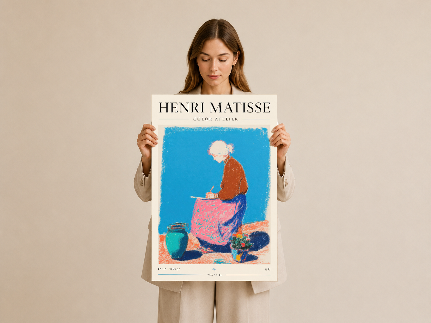 Henri Matisse Color Atelier posterinin orijinal çerçeveli baskısı, Matisse'in renkli sanat dünyasının özünü yansıtıyor.
