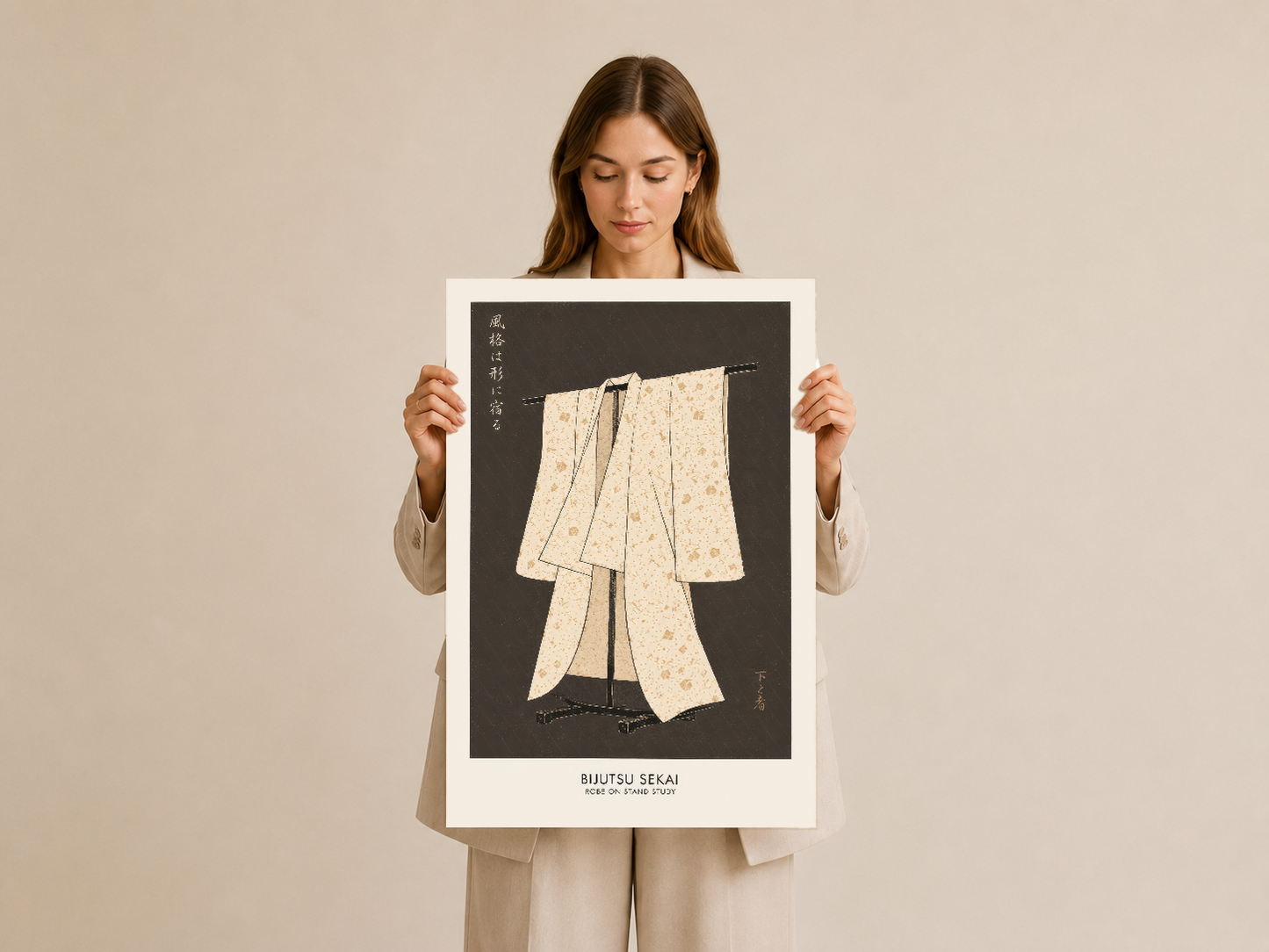 Kimono motifli sanat posterini elinde tutan kadın, tasarımın işlevi ve estetiğini gösteriyor.
