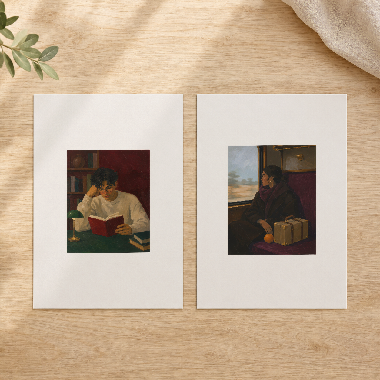 Okuma ve seyahat temalı iki nostalji sanat tablosu, yumuşak doğal ışıkta sunuluyor.