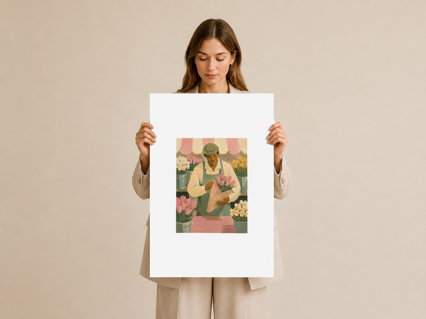 Çiçekçi temasındaki sanat tablosu, beyaz matla çerçevelenmiş baskı formatı.