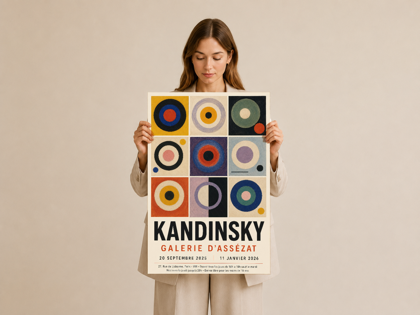 Kandinsky sanat posteri, elle tutularak sunulan avangard soyut tasarım ve galeri bilgisiyle bezenmiş.