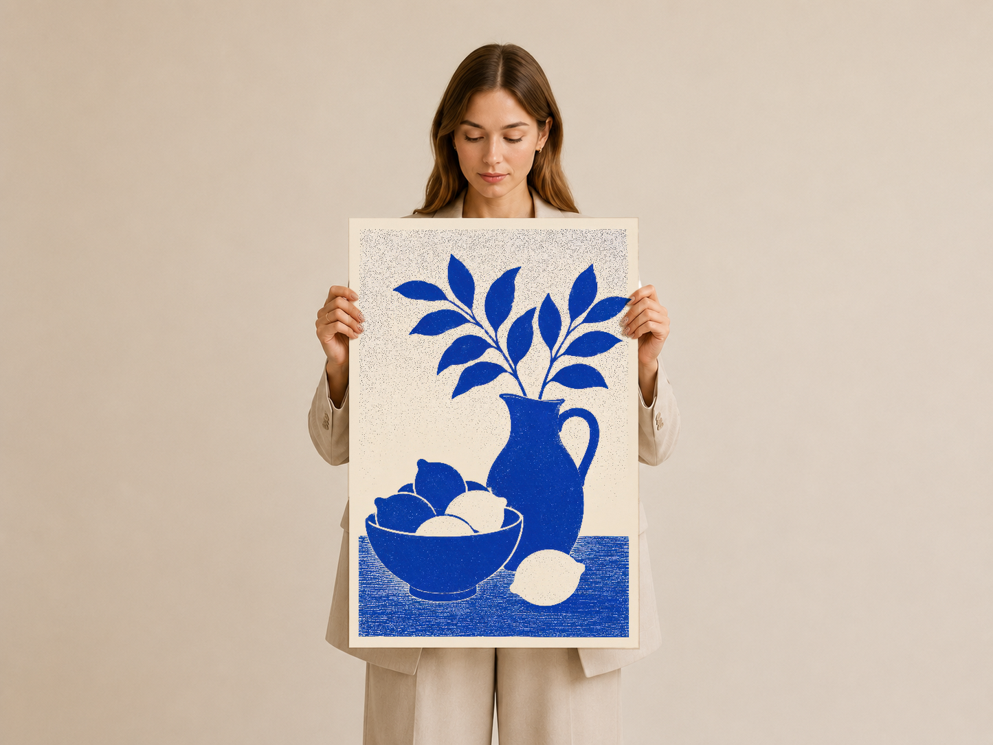 Geometrik mavi yaprak ve meyve desenleriyle minimal duvar tablosu, taşınabilir dekoratif sanat eseri.