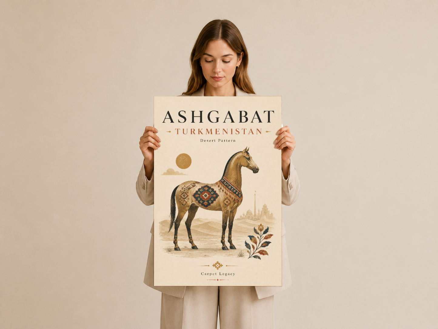 Ashgabat Turkmenistan tasarım posteri, bohem tarzı at figürü, doğal renk paleti ve sanat eseri detayları.
