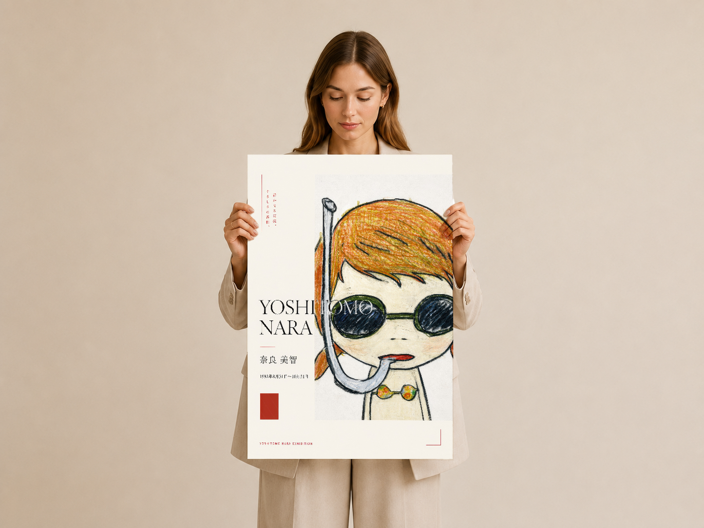 Elleriyle tutulan Yoshitomo Nara portre tablosu, kontemporer sanat sergisi afişi tarzında.