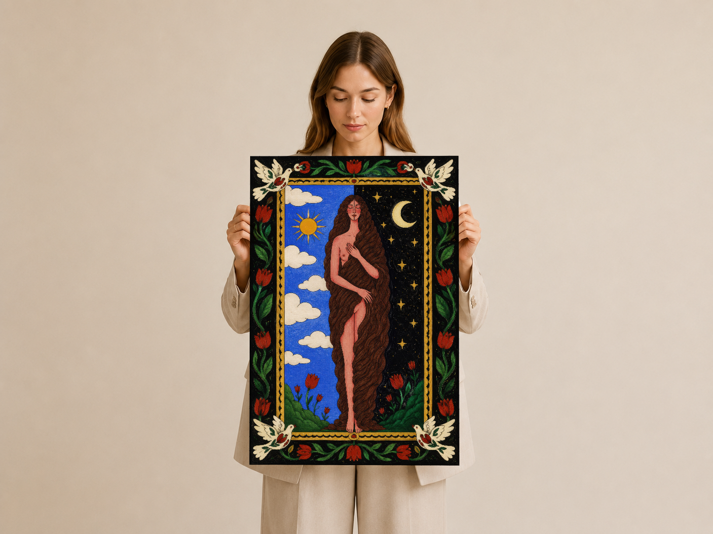 Kadının ellerinde tutuğu, sembolik döngü motifiyle bezenmiş, canlı renklerdeki sanat baskı tablosu.