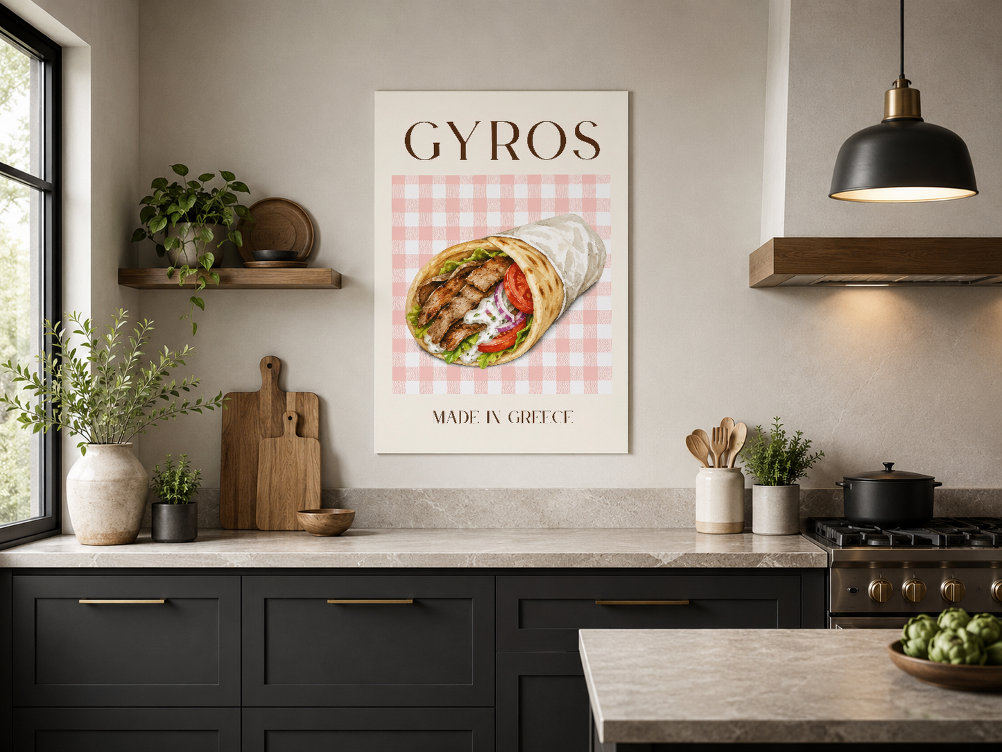 Gyros illüstratif baskısı, siyah dolap üstünde moderne yorumlanmış Yunan mutfak sanatı.