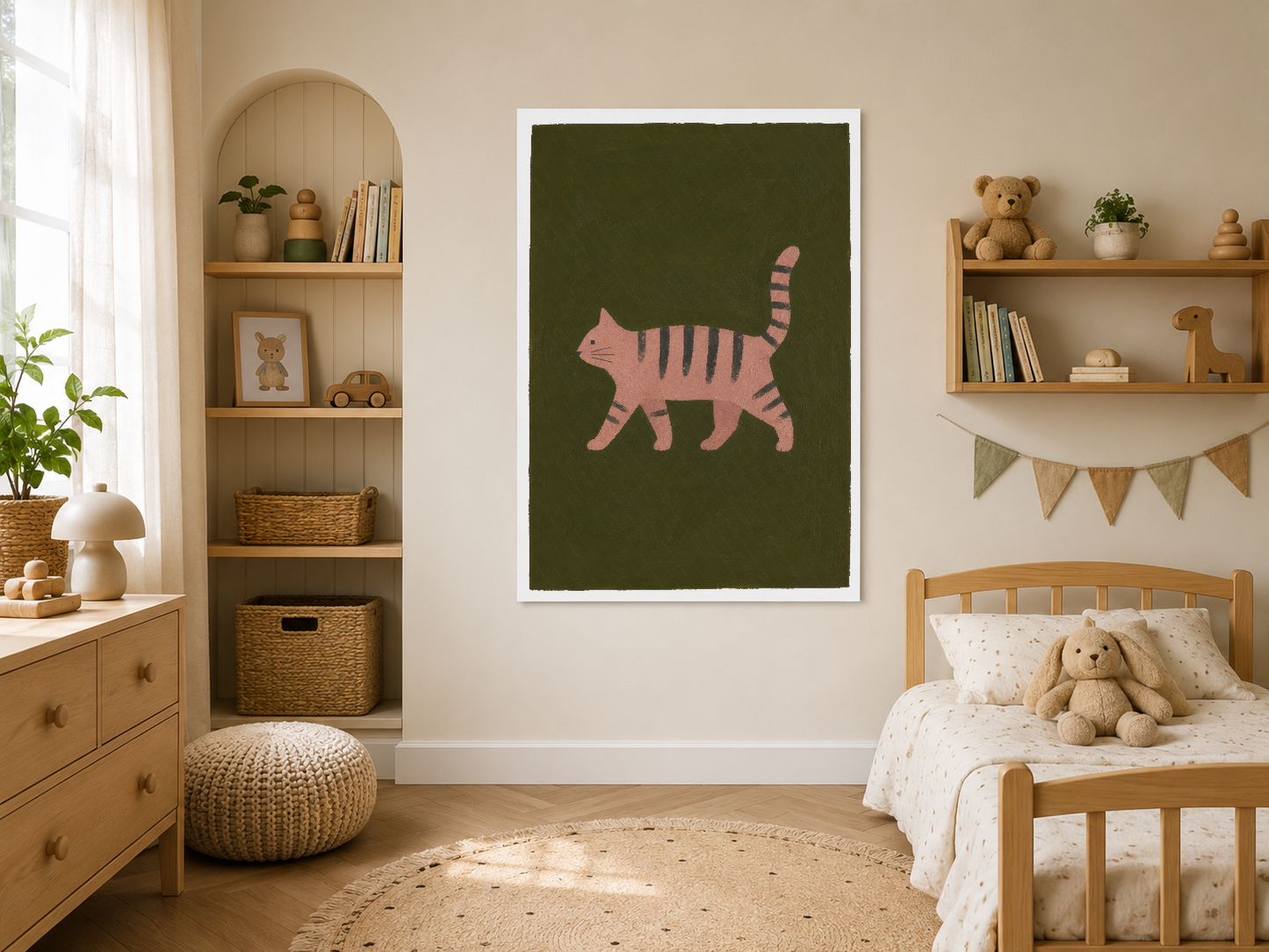 Pembe tabby kedi yürüyüş tasarımı yeşil arka plana karşı samil çocuk odasının odak noktası.